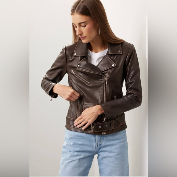 EUC Veda- Brown Leather Distressed Moto Jacket. Size XS - Picture 2 of 13